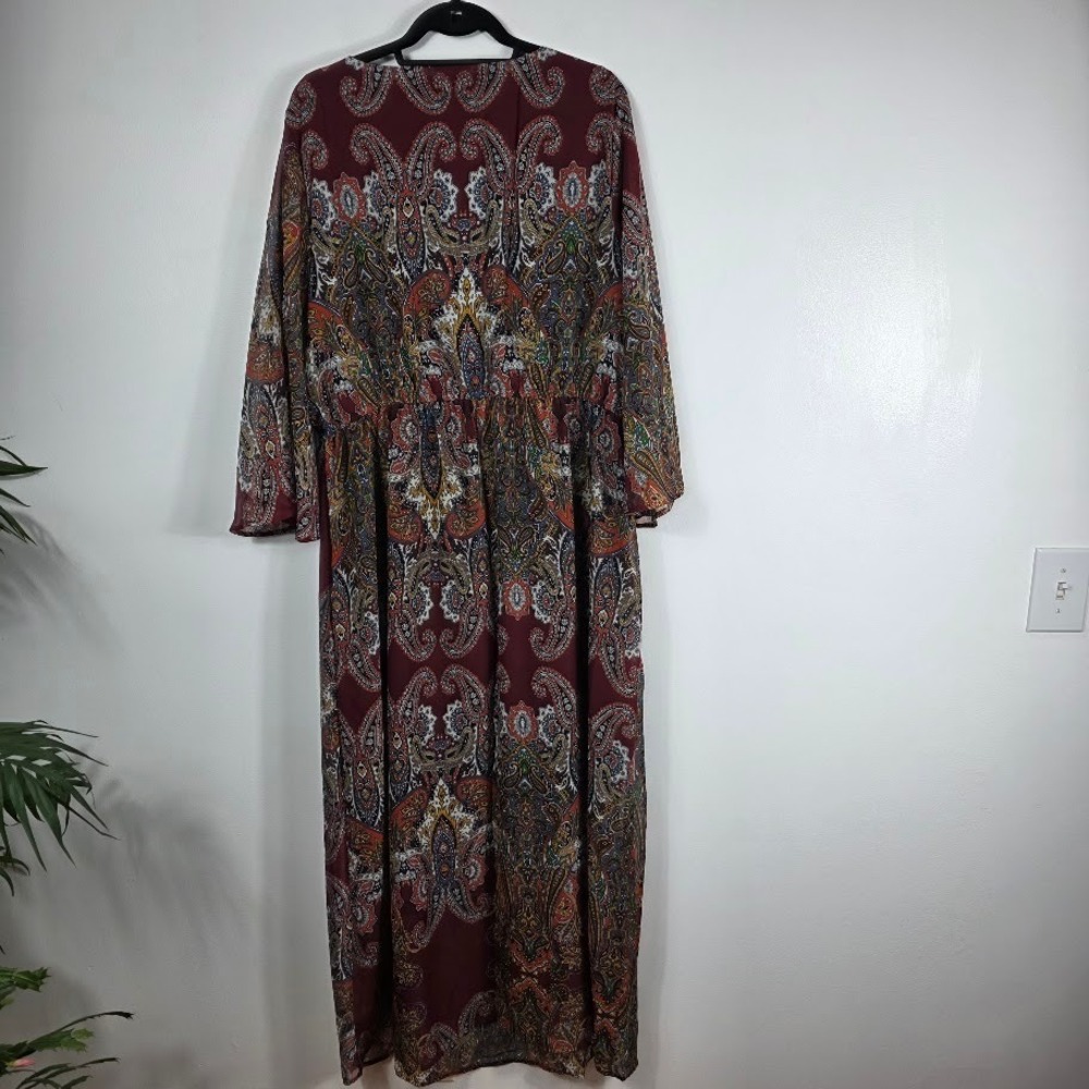 Signature Collection Women Burgundy Paisley Bell Sleeve Maxi Dress‎ Plus Size - Picture 4 of 5